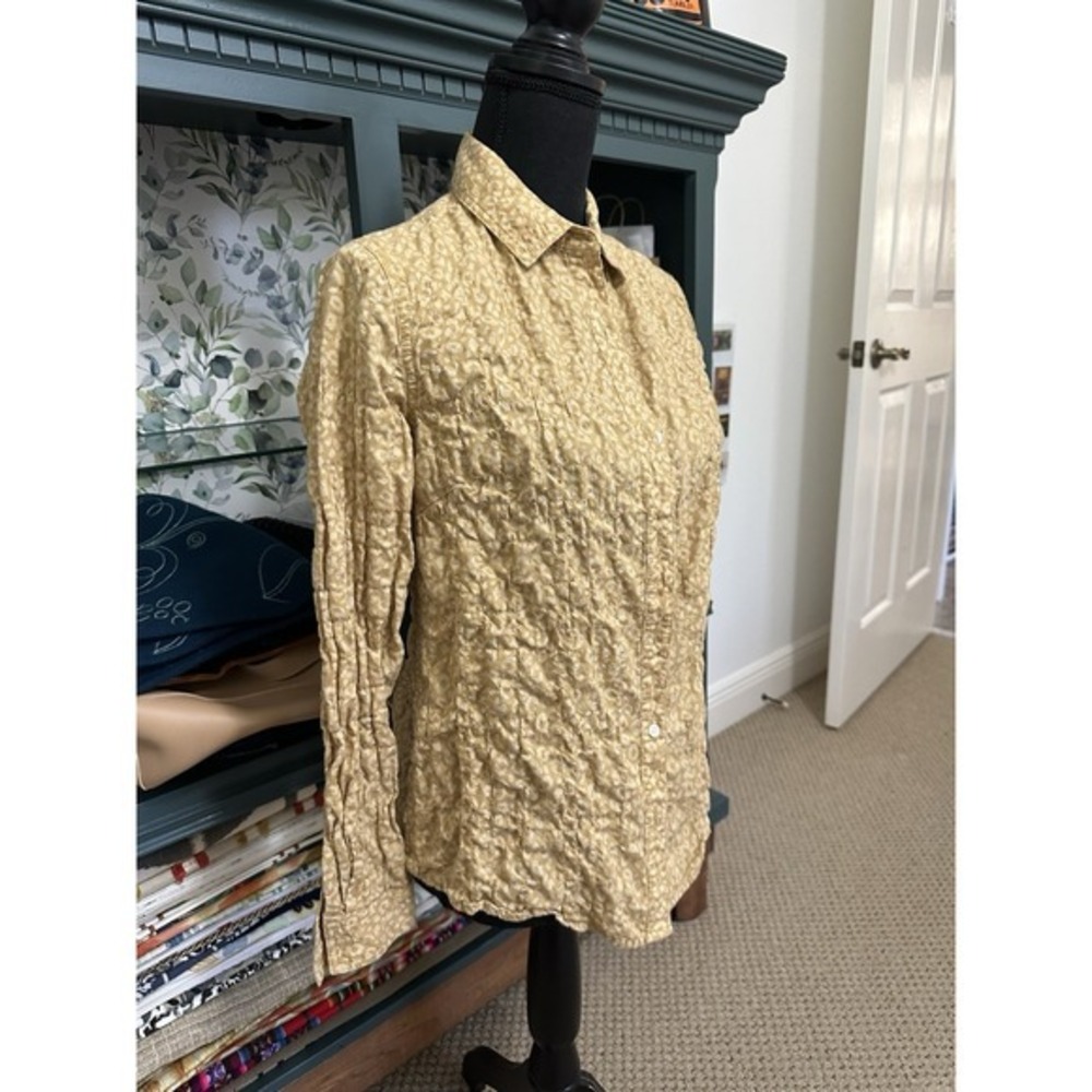 J Mclaughlin Blouse Women XSYellow Gold Crinkle Texture Long Sleeve Button Front - Picture 3 of 8